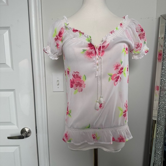 Y2K bluenotes Floral White and Pink Women's Top S summer tropical fairy - Picture 3 of 6